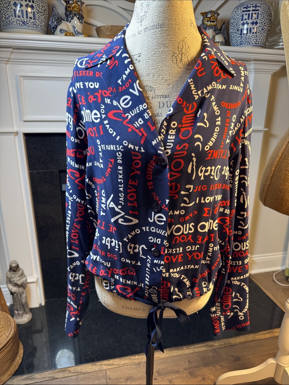Trina Turk Expedition “I love you” Navy Graphic Script Tie-Front silk Blouse